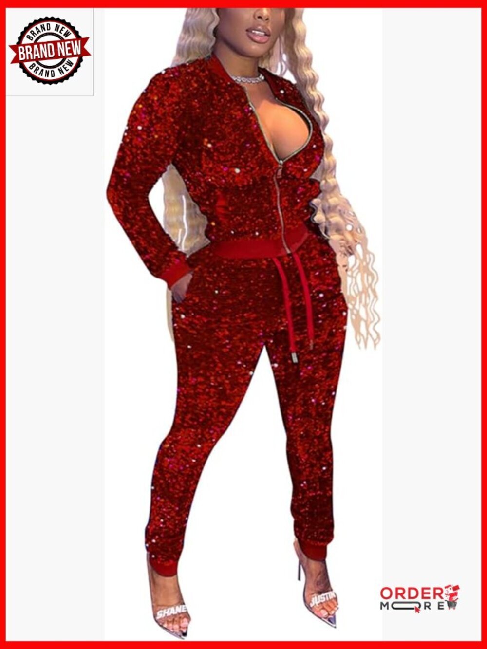 Velour Tracksuit Sequin Bomber Jacket Jogger Pants Two Piece Set